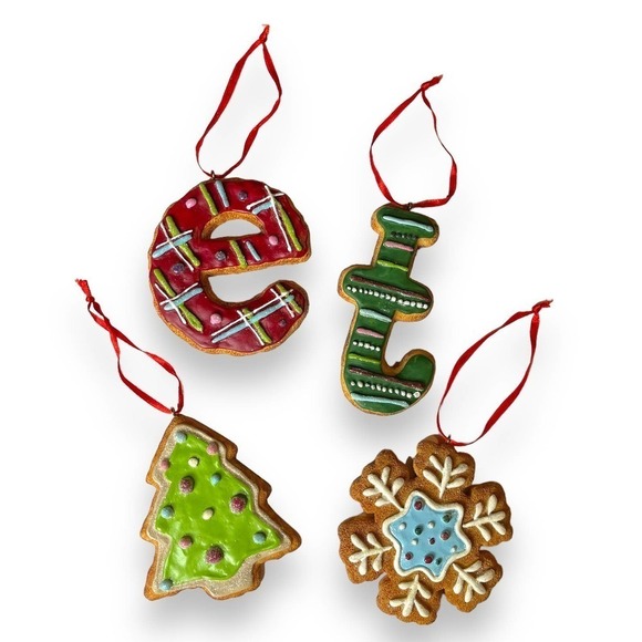 Christmas Tree Snowflake Letters Gingerbread Cookie Ornaments Set Of 4 Tin - Picture 2 of 5